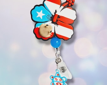 Azul celeste flor de maga con coqui Bandera badge reel Puerto Rico ID holder