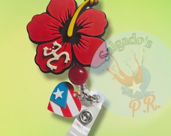 Flor de maga con coqui Taino badge reel Puerto Rico ID holder