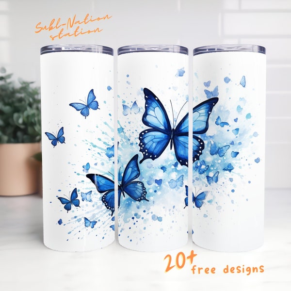Blue Butterfly Tumbler Wrap, ButterflyTumbler Wrap, 20 oz Skinny Tumbler Sublimation Design, Digital Download PNG, Instant DIGITAL ONLY