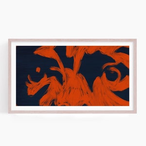 Puede incluir: Pintura abstracta con pinceladas anaranjadas audaces sobre un fondo azul oscuro.