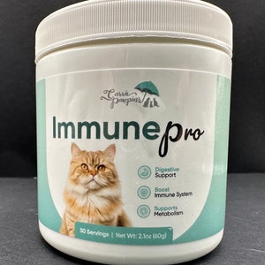 May include: White plastic container with a green label that says "Immunepro" and features a cat illustration. The label also lists the benefits of the product, including digestive support, immune system boost, and metabolism support. The container is labeled with "30 Servings | Net Wt: 2.1oz (60g)".