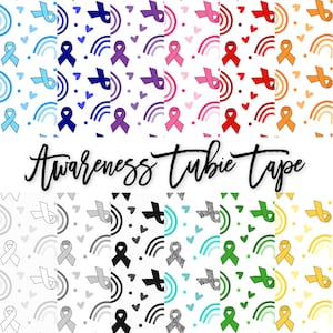 Könnte beinhalten: Ein Set mit 10 gemusterten Washi-Tapes mit verschiedenen farbigen Bändern und Regenbögen. Der Text "Awareness Tubie Tape" ist oben im Bild in Schwarz gedruckt.