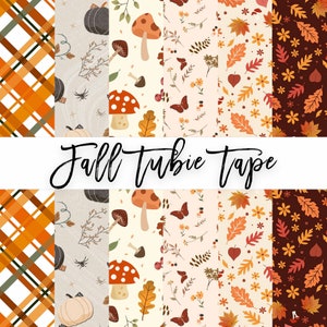 Puede incluir: Conjunto de seis cintas washi de temática otoñal con varios patrones, incluyendo cuadros, calabazas, setas, mariposas, hojas y flores. Las cintas están etiquetadas como "Fall Tubie Tape".