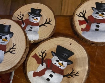 Hand Painted Snowman Wooden Christmas Ornament