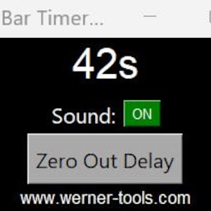 May include: A black screen with white text that reads "Candle Bar Timer..." and "42s". Below the text is a green button that reads "ON" and the text "Sound:". Below the button is a grey button that reads "Zero Out Delay". At the bottom of the screen is the text "www.werner-tools.com".