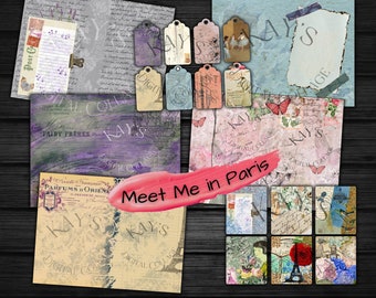 Meet Me in Paris: Journal Papers, Ephemera, Pretty Paper, Handmade, Scrapbooking, Decoupage, Paper crafts, Digital Download