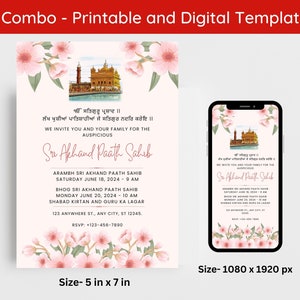 Carte d'invitation modifiable de chemin d'Akhand floral, invitation numérique de chemin de Sukhmani Sahib, invitation numérique de chemin d'Akhand, invitation de chemin de Sehaj