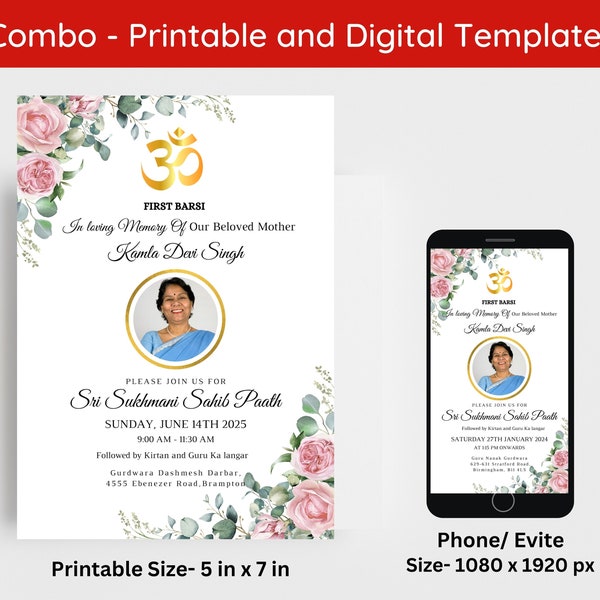 Invitación al funeral hindú editable / Invitación hindú Shraddha / Primera invitación hindú Barsi Plantilla digital e imprimible Descarga instantánea