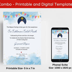 Invito modificabile per la cerimonia di Dastar Bandi, invito digitale per legare il turbante Sikh, modello di invito per la cerimonia del turbante Sikh, invito Paath