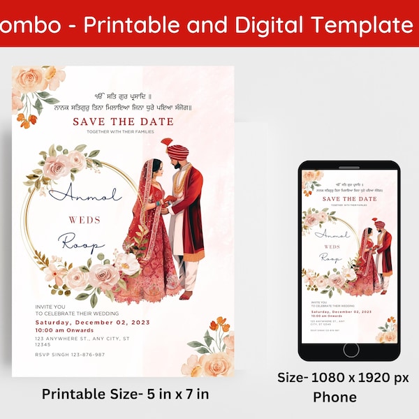 Invitación digital editable sikh para guardar la fecha, invitación de Anand Karaj, tarjeta de invitación de boda punjabi, invitación de boda sikh digital e imprimible