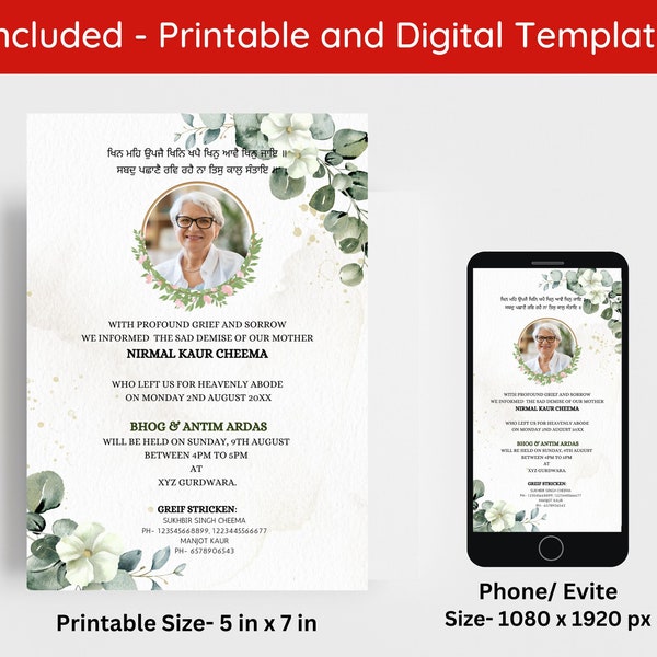 Editable  Sikh Funeral Invite | Digital Sikh Funeral Invitation | Hindu Funeral Invitation | Punjabi Death Announcement Card Canva Template