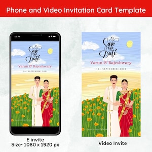 Faire gagner la date de mariage en Inde du Sud modifiable, réservez la date indienne sur toile, invitation de mariage hindou E, faire-part vidéo de mariage télougou
