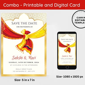 Faites gagner une date indienne modifiable, réservez une date pour un mariage sikh, réservez une date avec noeud, une invitation numérique, une invitation réservez une date pour un mariage hindou