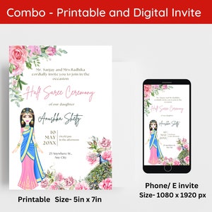 May include: Printable and digital invitation for a Half Saree Ceremony. The invitation features a watercolor illustration of a woman in a pink and blue saree, a peacock, and pink flowers. The text reads "Half Saree Ceremony of our daughter Anushka Shetty" and includes the date, time, and location of the event. The printable invitation is 5 inches by 7 inches, and the digital invitation is 1080 pixels by 1920 pixels.