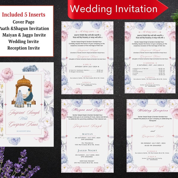 Editable Sikh Wedding Invitation Card Bundle All in One, Paath Invite and Shagan, Anand Karaj invite, Maiyan Jaggo Invite  Reception Invites