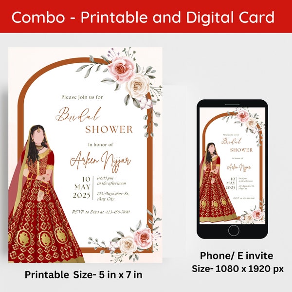Indian Bridal Shower Invitation Template, Bridal Shower Invites Template, Desi Wedding Invitation, Floral Editable Bridal Shower