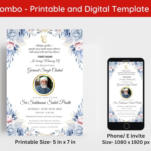 Editable Punjabi Funeral Invite | Sikh Funeral Invitation | First Barsi Invitation Digital and Printable Template Instant Download