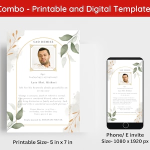 Tarjeta de anuncio de muerte india editable / Invitación a funeral indio / Invitación digital a funeral hindú, invitación a funeral sij, invitación a funeral indio