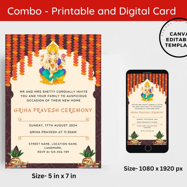 Editable Indian Housewarming Invitation, Griha Pravesh Invitation, Pooja invitation, Gruha Pravesam Digital Invite, Grihapravesh Invitation