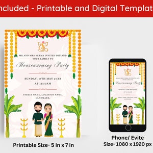Bewerkbare Indiase housewarmingsuitnodiging, Griha Pravesh uitnodiging digitaal, Gruha Pravesam digitale uitnodiging, Zuid-Indiase housewarmingsuitnodiging