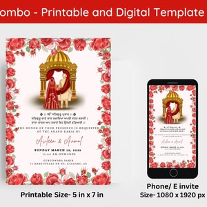 Bewerkbare rode rozen Anand Karaj-uitnodiging | Sikh-save the date| Punjabi Save the Date-trouwkaart, sikh-huwelijksuitnodiging digitale print