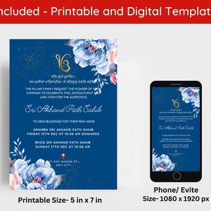 Pode incluir: Um convite azul e dourado com detalhes florais para uma cerimônia Sri Akhand Path Sahib. O convite inclui a data, a hora e o local do evento. Também inclui o texto "Sri Akhand Path Sahib" e "Para buscar bênçãos para sua nova casa".