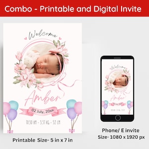 Anuncio electrónico de recién nacido con foto, tarjeta digital de anuncio de nacimiento de niña, plantilla de tarjeta de anuncio de bebé recién nacido editable