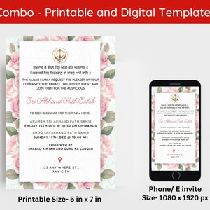 Carte d'invitation modifiable de chemin d'Akhand floral, invitation numérique de chemin de Sukhmani Sahib, modèle de toile d'invitation de chemin d'Akhand, anniversaire d'invitation de chemin