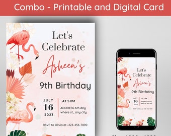 Flamingo Birthday Party Personalization Invitation, Flamingo Invite, Flamingo Invitation Digital, Tropical Birthday Invitation Customize