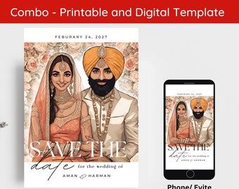 Faire gagner la date numérique sikh modifiable, invitation Anand Karaj, photo punjabi réservez la date, faire-part de mariage sikh numérique et imprimable