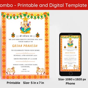 Invito modificabile Griha Pravesh, modello di invito Puja, invito Gruha Pravesam, Griha Pravesh Evite, invito all&#39;inaugurazione della casa indiana