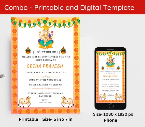 Indian Housewarming Invite, Griha Pravesh Digital Invitation, Gruhapravesham Smartphone Template, Editable Ganesha  Housewarming Puja Invite