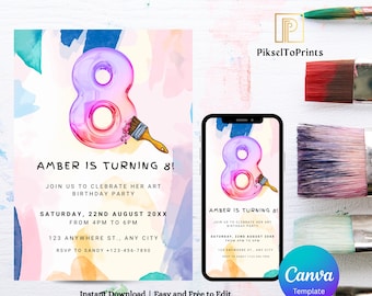 Art Party Birthday Invitation for Girls, Editable 8th Birthday Invite, Painting Theme, Canva Template Printable, Instant Download