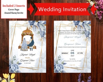 Blue Gold Editable Anand Karaj Invitation, Sikh Save the Date Invite,  Punjabi Wedding Invitation Template, Sikh Wedding Invitation Digital