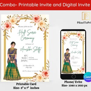Editable Half Saree Ceremony Invitation: Floral Langa Voni Template (Digital Download)