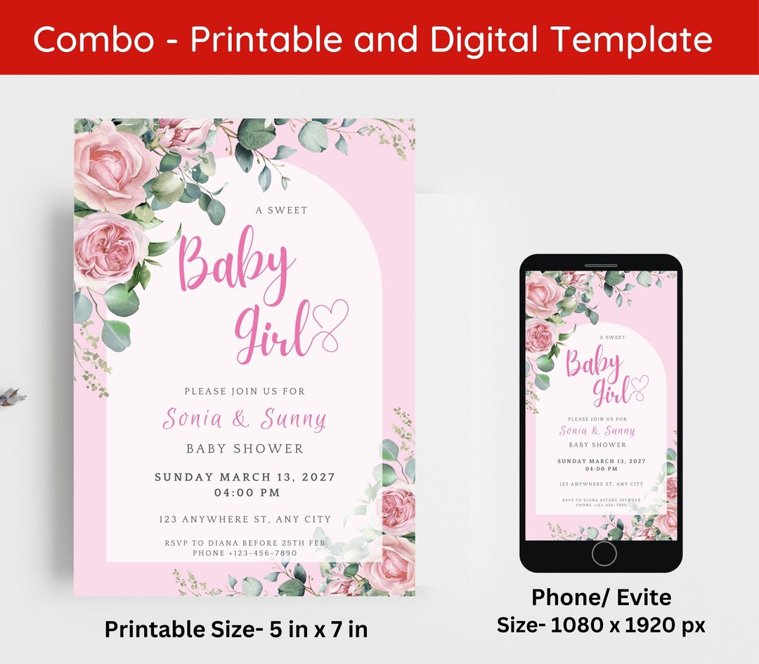 Sjabloon uitnodiging babyshower bloemen babymeisje (digitale uitnodiging) -  Etsy België, image size:1080x945