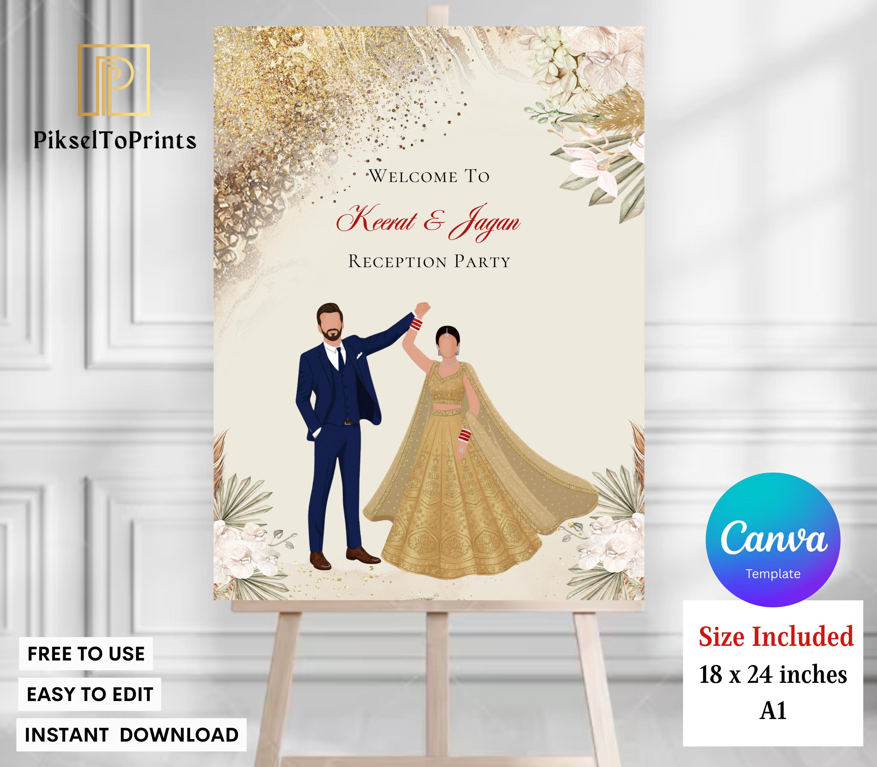 Indian Wedding Reception Welcome Sign Template | Gold Dancing Couple ...