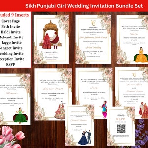 Bearbeitbares Sikh-Mädchen Hochzeitseinladungs-Set, Boho Sikh Hochzeitskarte, Elegante Anand Karaj Einladung, Punjabi Hochzeitseinladungskarten-Set