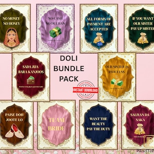 May include: A set of digital art prints with decorative frames. Each print displays text in different colours and fonts, including phrases such as "No Cash No Dulhan" and "Doli Bundle Pack". The prints have ornate borders and are available for instant download.