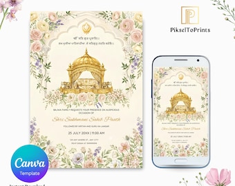 May include: An invitation card and a smartphone displaying the same design. The design features a golden structure, floral accents, and text in a traditional script. The card is surrounded by a floral border with the text "Shri Sukhmani Sahib Paath".