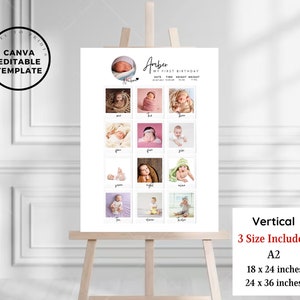 Editable First Birthday Milestone Birthday Sign, printable baby first year poster, 1st birthday milestone board, 1st Birthday Photo Collage