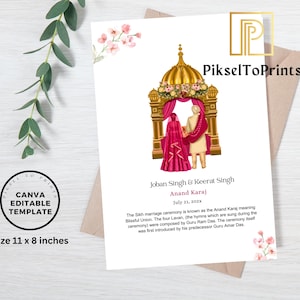 Pode incluir: Um convite de casamento branco com uma ilustração dourada de um templo Sikh e um casal. O convite inclui os nomes Joban Singh & Keerat Singh, a data de 21 de julho de 202x e o texto "Anand Karaj". O tamanho do modelo é 28 x 20 cm.