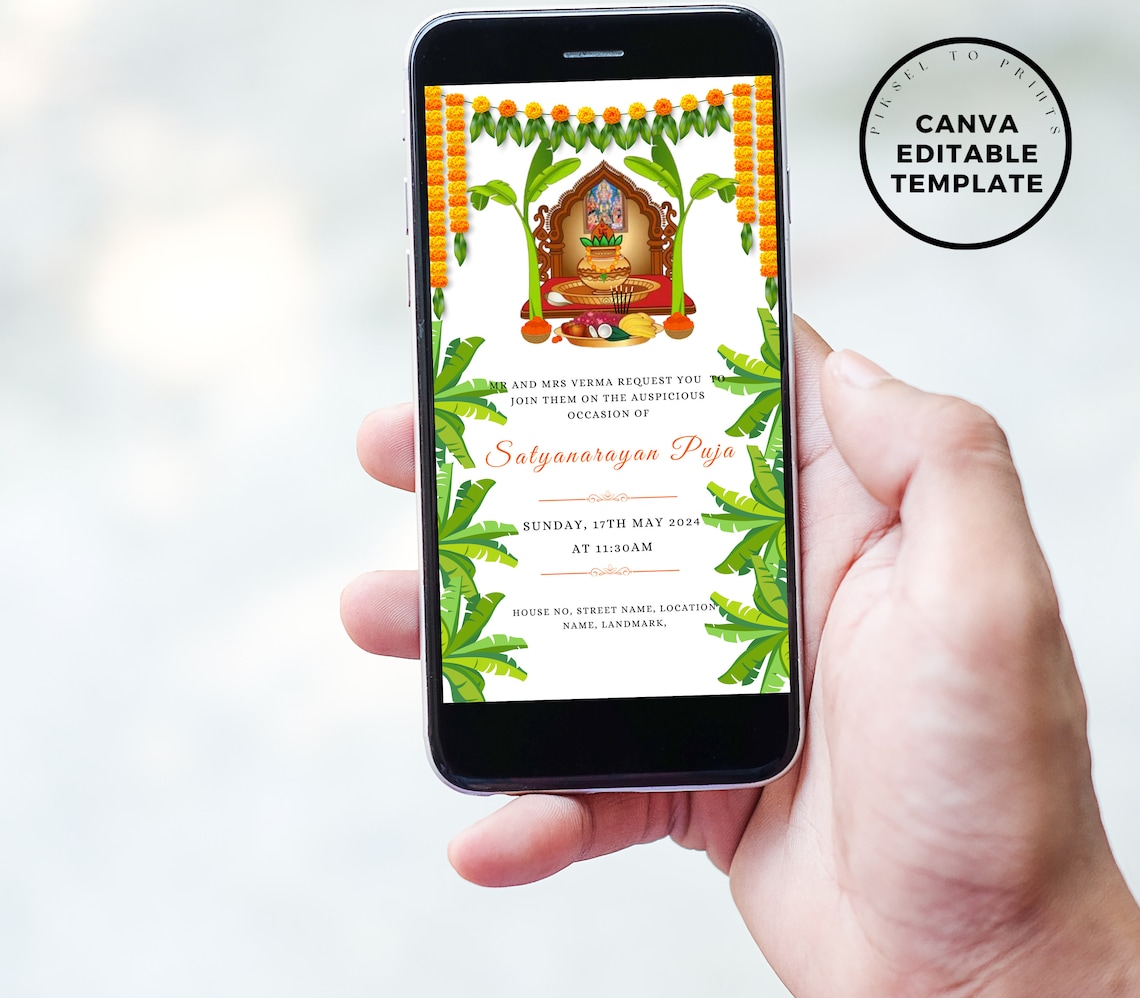 Editable Sri Satyanarayana Pooja Invitation, Satyanarayan Katha Invite