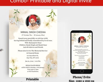 May include: Printable and digital funeral invitation template with a floral design and a photo of the deceased. The invitation includes the name "Nirmal Singh Cheema", dates, and details for the memorial service and Sehaj Paath Bhog. The digital version is shown on a smartphone screen.