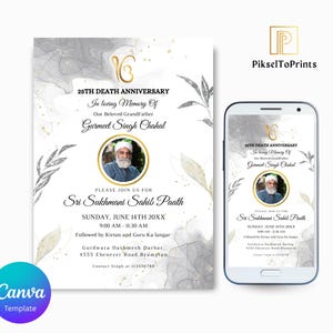 May include: A memorial invitation card and a smartphone displaying the same design. The card features text for a 25th Death Anniversary, with a photo of Gurmeet Singh Chahal. The design includes gray and gold accents, with floral elements and the Canva Template logo.