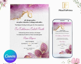 Sukhmani Sahib Path Invitation Template | Editable Akhand Path Invitation | Sukhmani Sahib Invite Pink | Instant Download