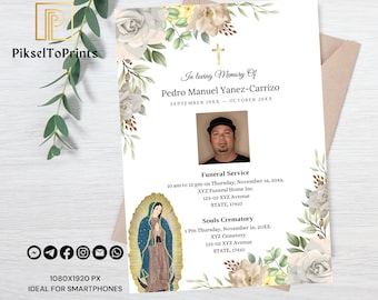 Virgen de Guadalupe Funeral Invitation Template, Catholic Memorial Card in Spanish, Editable Invitation, Instant Download