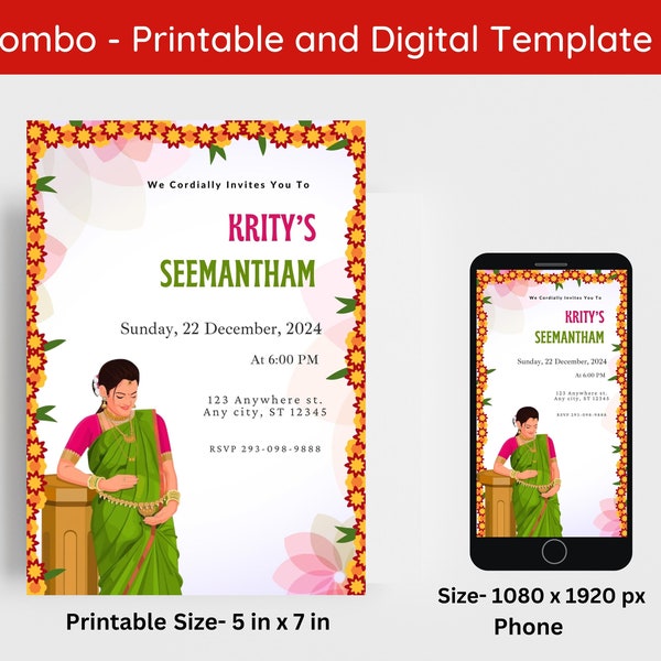 Godh Bharai Invitation, Valaikappu Seemantham invite, Indian Baby Shower invite, Sreemantham invitation Digital and Printable