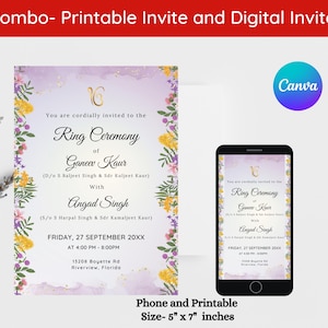 Könnte beinhalten: Digitale und druckbare Einladung für eine Ringzeremonie. Das Design zeigt florale Akzente und den Text "Ring Ceremony" mit Namen und Veranstaltungsdetails. Die Einladung ist 12,7 cm x 17,8 cm groß.
