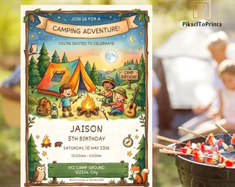 Camping Birthday Invitation, Kids Woodland Adventure Party Invite, Editable Canva Template Printable, Camp Birthday Evite Instant Download